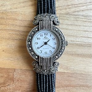 Cenere ladies vintage style marcasite dark silver tone dress watch NEW BATTERY